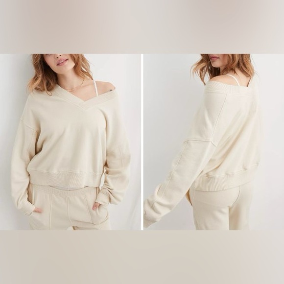 Aerie House Party Toasted Coconut Cream Off-the-Shoulder Vneck Crop Sweatshirt L - Picture 1 of 4